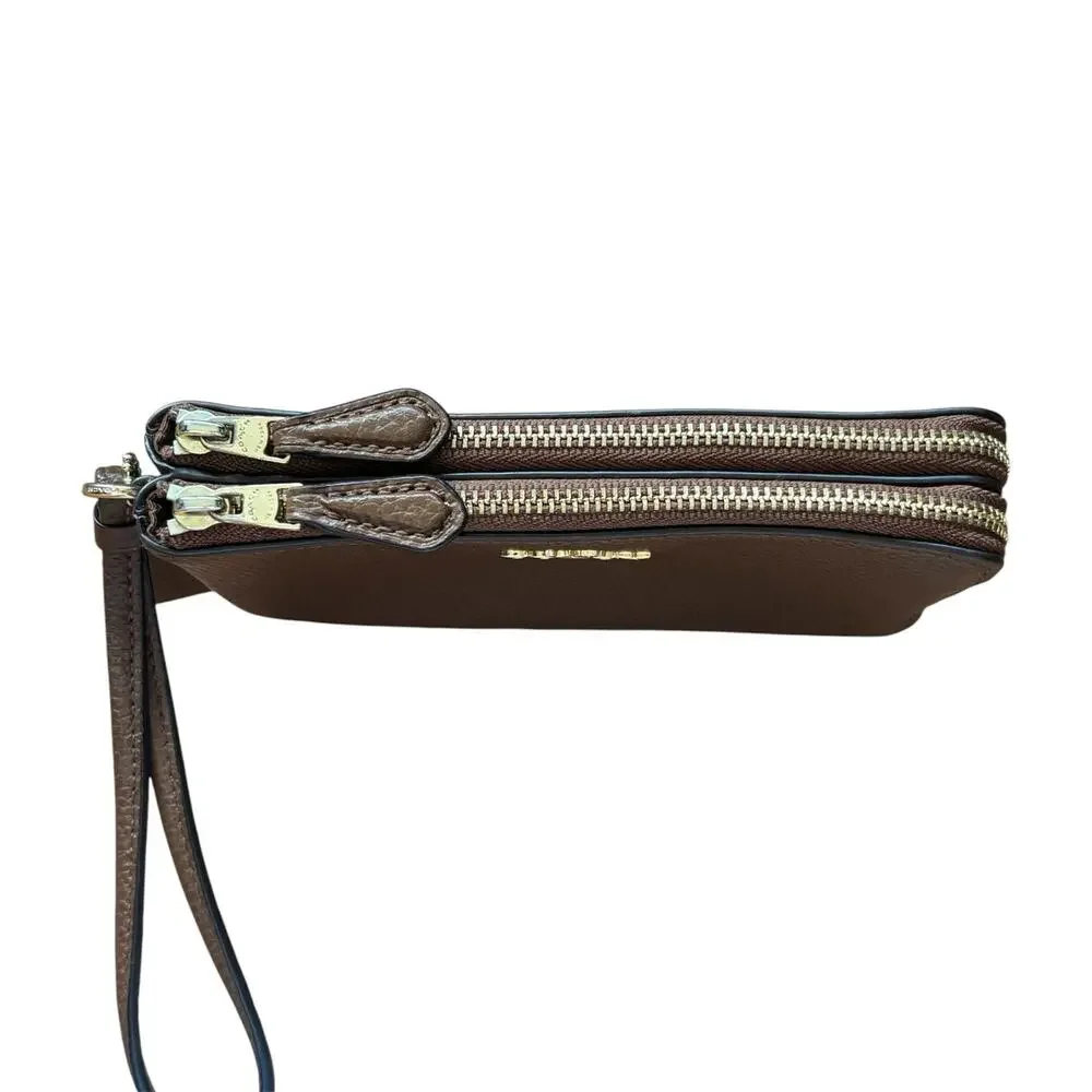 Coach Double Corner Zip Wristlet in Dark Brown Pebble Leather